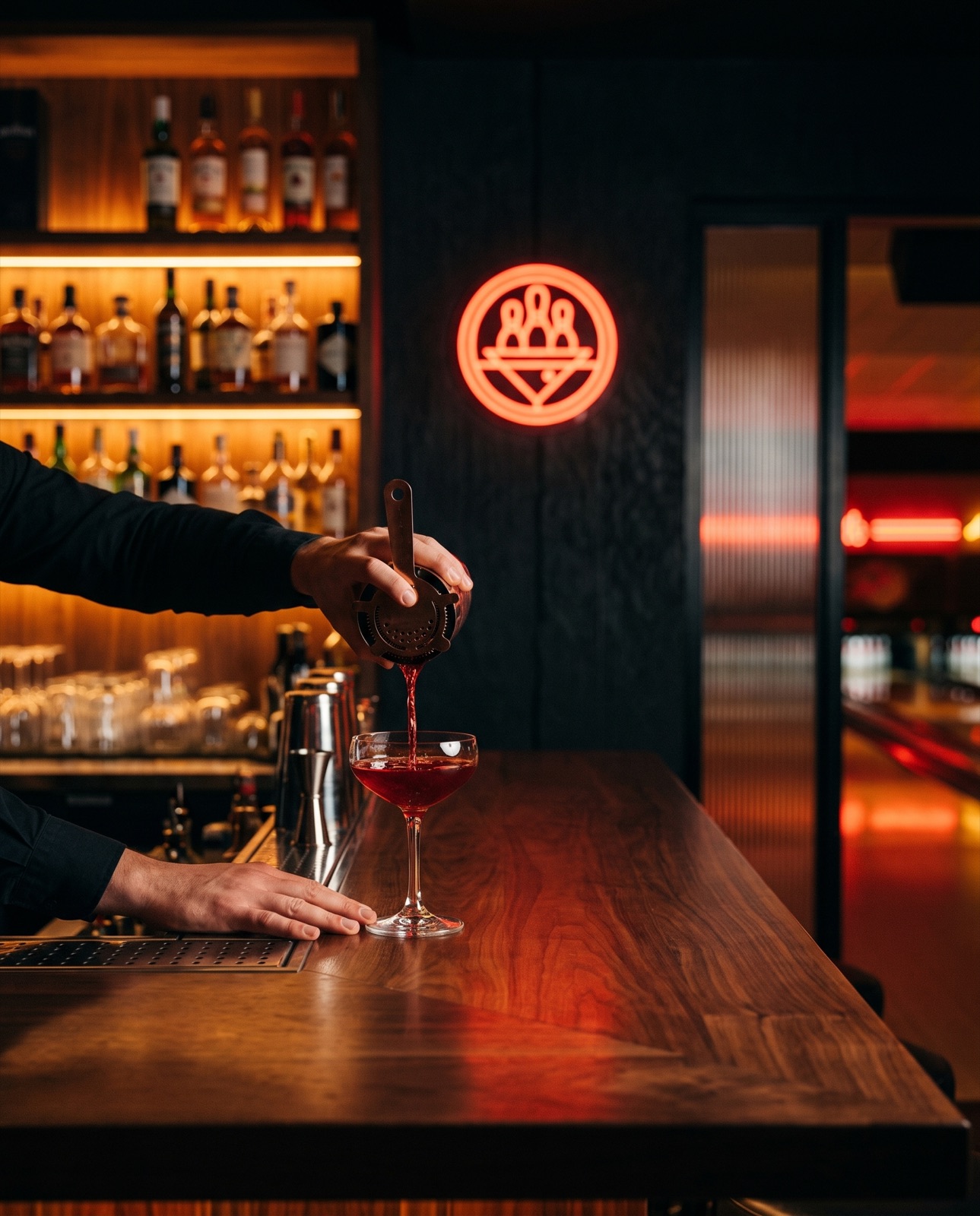 A bartender pouring a red cocktail under the Backstage neon