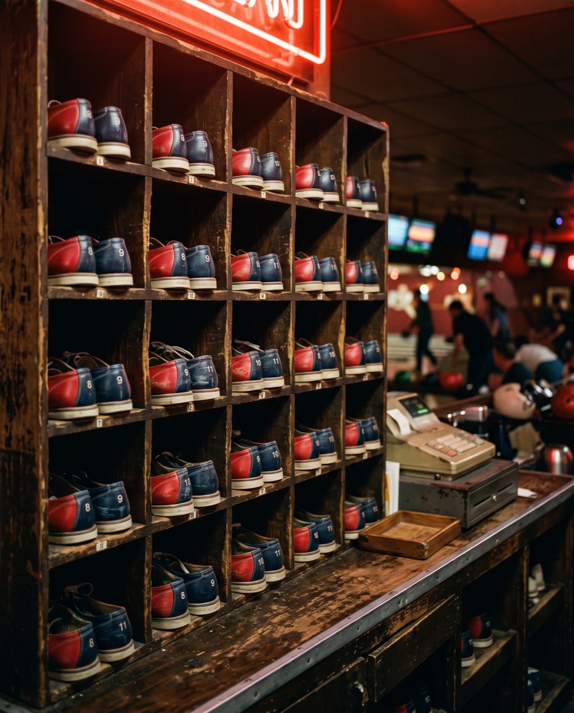 Rows of rental bowling shoes under a red neon glow